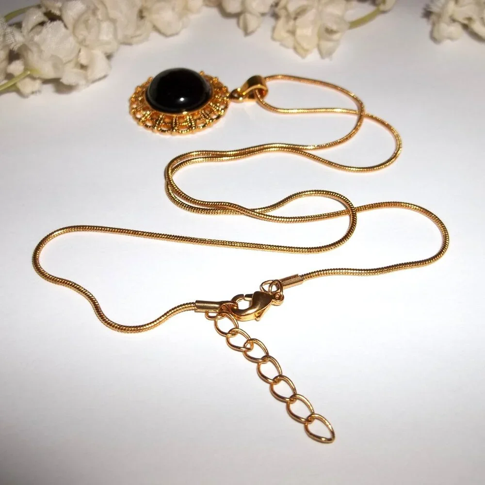 Pendant Charm Necklace Gold Black Faux Onyx Gemstone Circle Fashion Jewelry C978